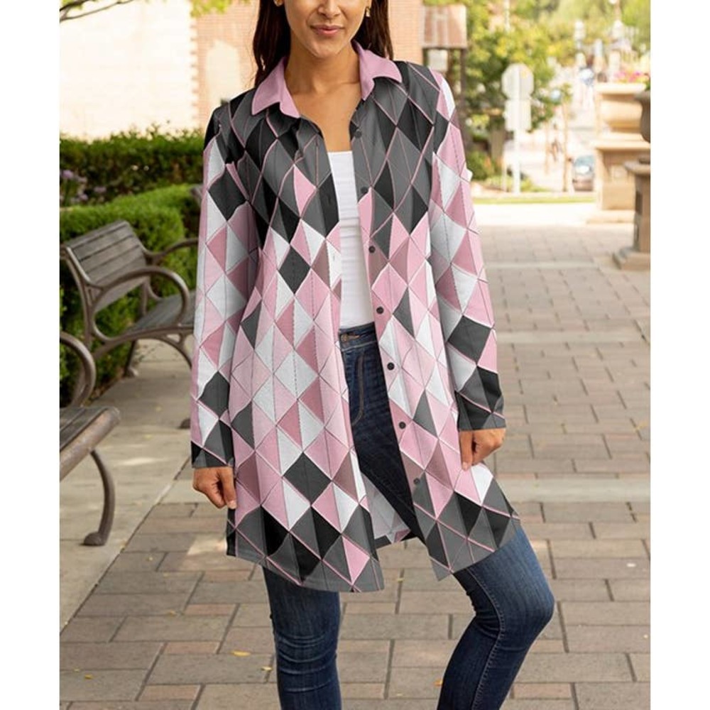 Sz S Lily Pink & Gray Diamond Longline Cardigan Women